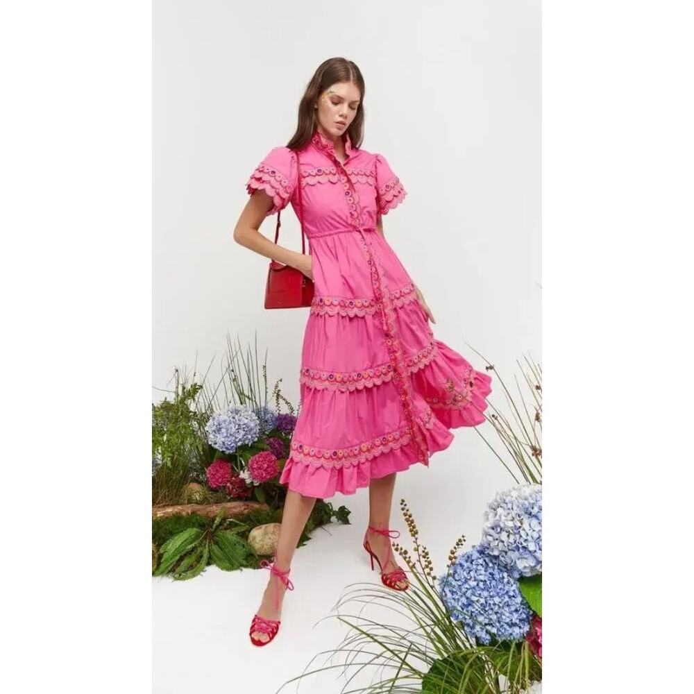Celia B‎ Alvis Fuchsia Eyelet Scallop Cotton Midi Dress XS